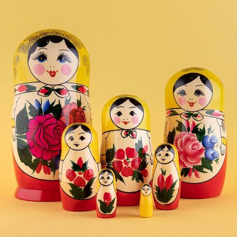 هيكا ناتشورالز سيمينوف دمى التعشيش الصفراء | مجموعة دمى ماتريوشكا الخشبية الطبيعية بالكامل مكونة من 7 قطع (7 بوصة) - ديكور منزلي بابوشكا التقليدي، دمى تراص خشبية، شكل يدوي عتيق in Kuwait