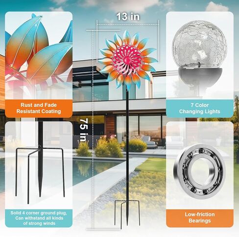 Solar Wind Spinner-Wind Spinners for Yard and Garden Metal Yard Art Kinetic Wind Spinner 75 in with Solar Powered Glass Ball for Yard Garden Backyard Lawn Decorations in Kuwait