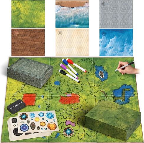 10 DND Game Mats and a lot More - Includes 6 Dungeons & Dragons Board Game Battle Maps (1" Square Grid), Huge Size 22x26-4 3D Battle Arenas, 140+ Reusable Stickers, 4 Markers & Eraser, by EverGame in Saudi Arabia