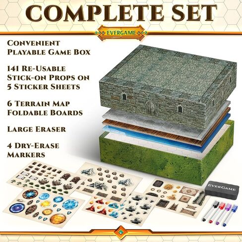 10 DND Game Mats and a lot More - Includes 6 Dungeons & Dragons Board Game Battle Maps (1" Square Grid), Huge Size 22x26-4 3D Battle Arenas, 140+ Reusable Stickers, 4 Markers & Eraser, by EverGame in Saudi Arabia