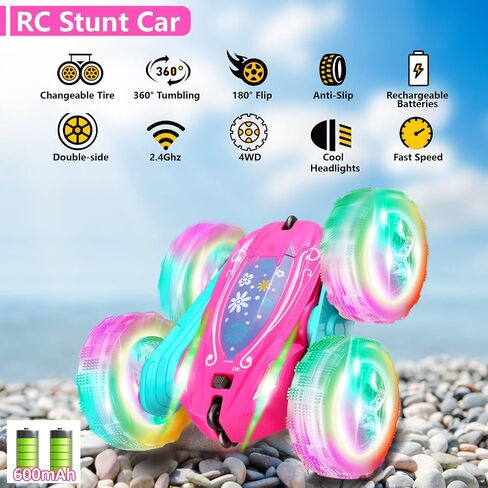 FREE TO FLY Remote Control Car for Girls : Pink RC Car Double Sided 360°Flip Stunt Cars with Headlights & WheelLights Rechargeable Toy Car Birthday Gifts for Girl Kids Age 6 7 8 9 10 11 12 Year Old in Kuwait