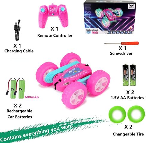 FREE TO FLY Remote Control Car for Girls : Pink RC Car Double Sided 360°Flip Stunt Cars with Headlights & WheelLights Rechargeable Toy Car Birthday Gifts for Girl Kids Age 6 7 8 9 10 11 12 Year Old in Kuwait