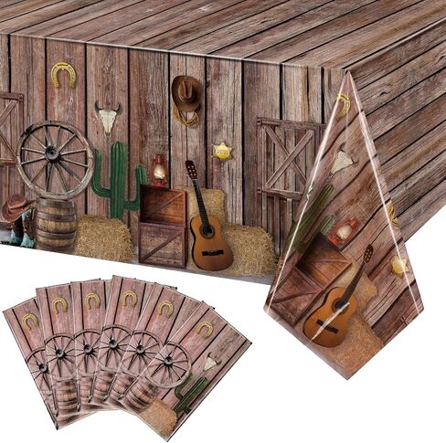 Tiamon 6 Pcs Western Party Tablecloth Western Cowboy Party Table Cover Cowboy Theme Plastic Tablecloth Wild West Wooden House Barn Door Table Cover for Western Theme Baby Shower Birthday Party (Retro) in Saudi Arabia