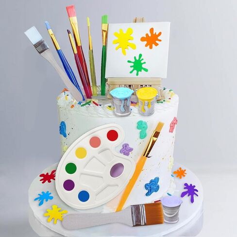 26 Pcs Art Cake Topper Paint Cake Decorations Painting Cake Toppers include Paint Pen Brush Painting Bucket Palette for Kids Birthday Baby Shower Art Themed Party Cake Decoration Supplies in Saudi Arabia