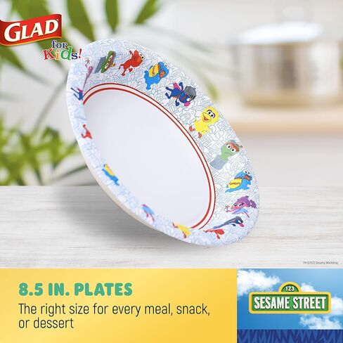 Glad for Kids Sesame Street Paper Plates Preschool Curriculum Style with Lessons & Questions, 8.5" Round, 48ct | Sesame Street Paper Plates, Kids Disposable Plates | Elmo Paper Plates in Saudi Arabia