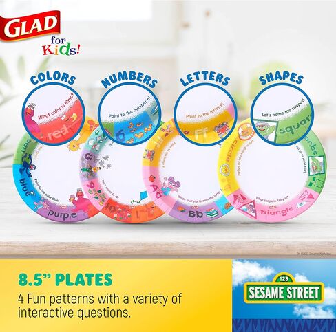 Glad for Kids Sesame Street Paper Plates Preschool Curriculum Style with Lessons & Questions, 8.5" Round, 48ct | Sesame Street Paper Plates, Kids Disposable Plates | Elmo Paper Plates in Saudi Arabia