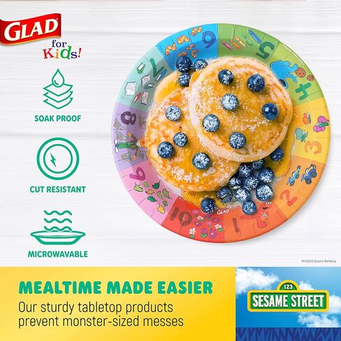 Glad for Kids Sesame Street Paper Plates Preschool Curriculum Style with Lessons & Questions, 8.5" Round, 48ct | Sesame Street Paper Plates, Kids Disposable Plates | Elmo Paper Plates in Saudi Arabia