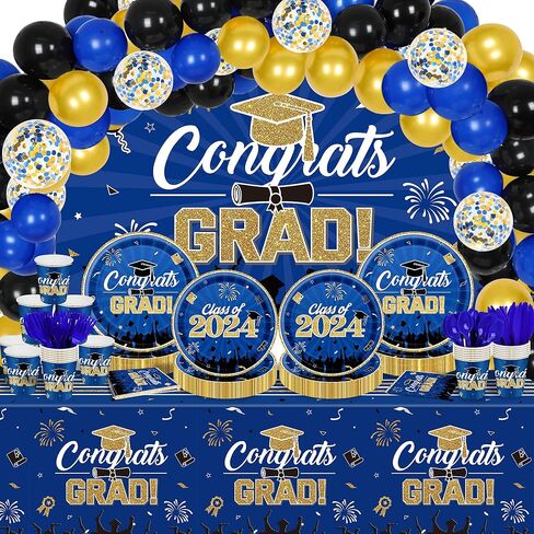 2024 Navy Blue Gold Class of 2024 Graduation Party Decoration Supplies-227PCS Class of 2024 Congrats Grad Tableware Set (Serve 24) in Saudi Arabia