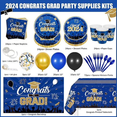 2024 Navy Blue Gold Class of 2024 Graduation Party Decoration Supplies-227PCS Class of 2024 Congrats Grad Tableware Set (Serve 24) in Saudi Arabia