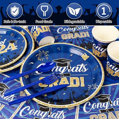 2024 Navy Blue Gold Class of 2024 Graduation Party Decoration Supplies-227PCS Class of 2024 Congrats Grad Tableware Set (Serve 24) in Saudi Arabia