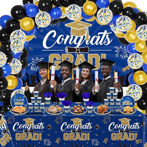 2024 Navy Blue Gold Class of 2024 Graduation Party Decoration Supplies-227PCS Class of 2024 Congrats Grad Tableware Set (Serve 24) in Saudi Arabia