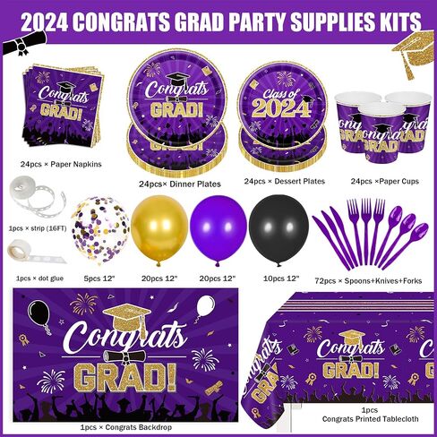 2024 Navy Blue Gold Class of 2024 Graduation Party Decoration Supplies-227PCS Class of 2024 Congrats Grad Tableware Set (Serve 24) in Saudi Arabia
