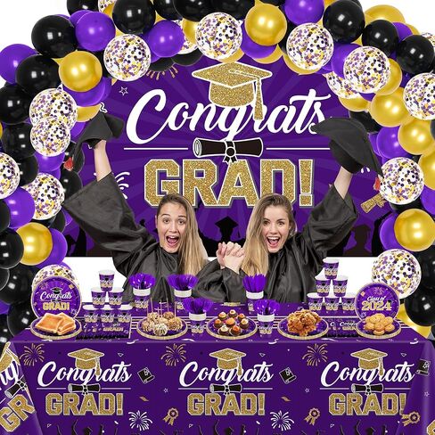 2024 Navy Blue Gold Class of 2024 Graduation Party Decoration Supplies-227PCS Class of 2024 Congrats Grad Tableware Set (Serve 24) in Saudi Arabia