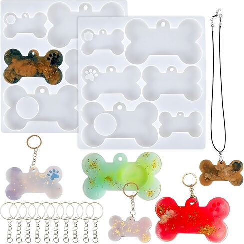 2Pcs Pet Collar Tag Resin Mold 12 Cavities Dog ID Tag Silicone Mold Custom Dog Bone Shaped Keychain Mold with 10Pc Key Rings Charm Epoxy Casting Mold DIY Handmade Jewelry Pendant Making Tool in Saudi Arabia