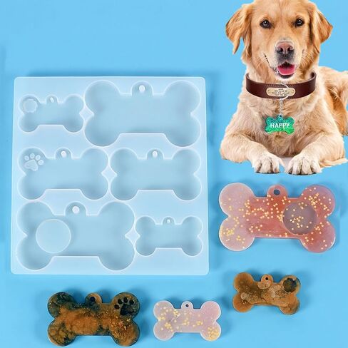 2Pcs Pet Collar Tag Resin Mold 12 Cavities Dog ID Tag Silicone Mold Custom Dog Bone Shaped Keychain Mold with 10Pc Key Rings Charm Epoxy Casting Mold DIY Handmade Jewelry Pendant Making Tool in Saudi Arabia