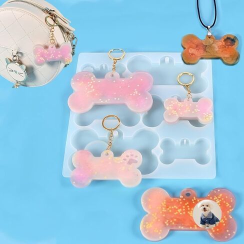 2Pcs Pet Collar Tag Resin Mold 12 Cavities Dog ID Tag Silicone Mold Custom Dog Bone Shaped Keychain Mold with 10Pc Key Rings Charm Epoxy Casting Mold DIY Handmade Jewelry Pendant Making Tool in Saudi Arabia