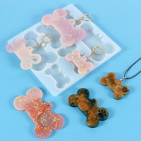 2Pcs Pet Collar Tag Resin Mold 12 Cavities Dog ID Tag Silicone Mold Custom Dog Bone Shaped Keychain Mold with 10Pc Key Rings Charm Epoxy Casting Mold DIY Handmade Jewelry Pendant Making Tool in Saudi Arabia