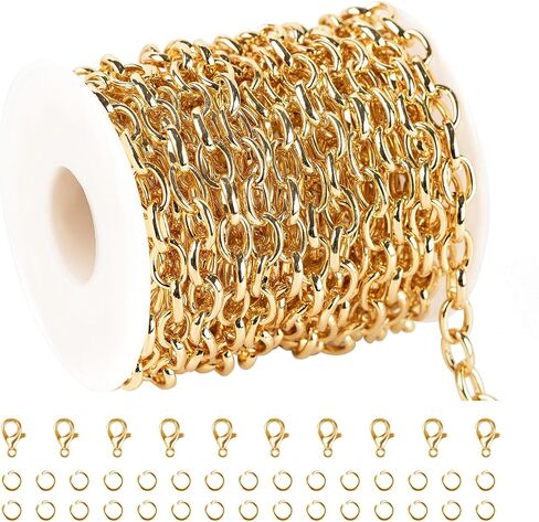 32.8 Feet Thin Paperclip Chains for Jewelry Making Width 4MM Craft Chain for Necklace Making Gold Plated Iron Chain Bulk with Lobster Clasps Jump Rings Jewelry Making Supplies in Saudi Arabia