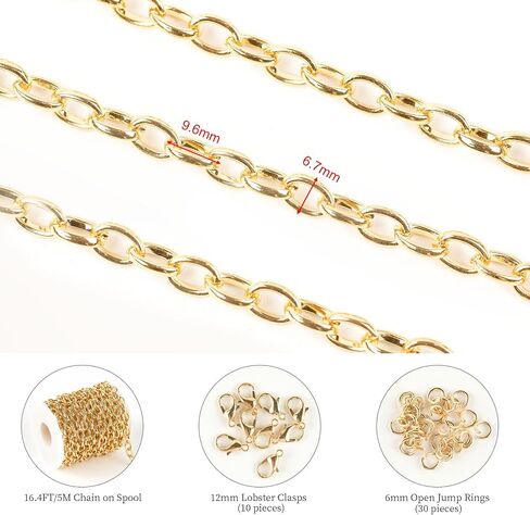32.8 Feet Thin Paperclip Chains for Jewelry Making Width 4MM Craft Chain for Necklace Making Gold Plated Iron Chain Bulk with Lobster Clasps Jump Rings Jewelry Making Supplies in Saudi Arabia