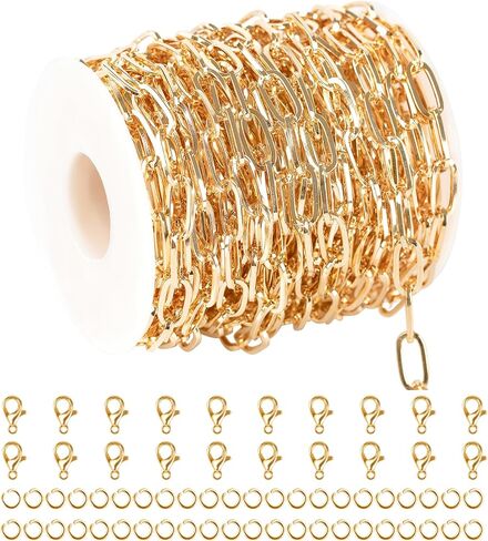 32.8 Feet Thin Paperclip Chains for Jewelry Making Width 4MM Craft Chain for Necklace Making Gold Plated Iron Chain Bulk with Lobster Clasps Jump Rings Jewelry Making Supplies in Saudi Arabia