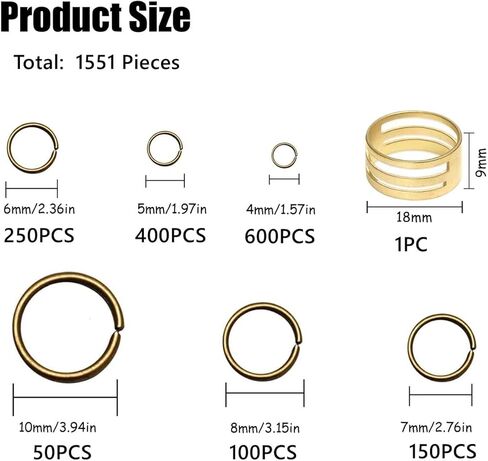 طقم حلقات القفز 1551 قطعة مع 1550 قطعة حلقات القفز المفتوحة و1 قطعة فتاحة أدوات حلقة القفز، 6 أحجام موصلات حلقية على شكل حرف O حلقات القفز المعدنية المفتوحة لموصلات صنع المجوهرات وإصلاح القلادة (ذهبي) in Kuwait