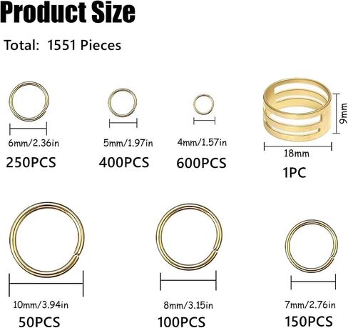 1551 Pieces Jump Rings Kit with 1550PCS Open Jump Rings and 1PC Jump Ring Tool Opener, 6 Sizes O Ring Connectors Metal Open Jump Rings for Jewelry Making Connectors and Necklace Repair (Gold) in Saudi Arabia