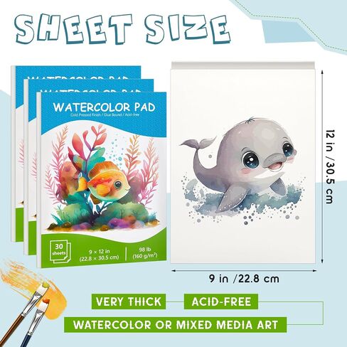 3 Pack Watercolor Paper Pads 90 Sheets 9 x 12'' Kids Watercolor Paper Sketchbook Acid Free 98lb/ 160gsm Kids Art Paper for Painting Drawing Beginners Artists Youth Students Supplies in Saudi Arabia