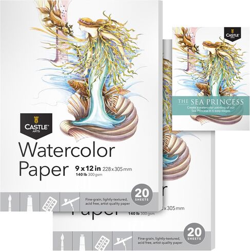Castle Art Supplies لوحة رسم بالألوان المائية مقاس 9 × 12 بوصة | عبوة من قطعتين | 20 ورقة لكل واحدة | قوية ومرنة (300 جم/م2/140 رطل) لجميع التقنيات (9 × 12، عبوتان) in Kuwait