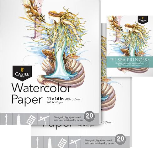 Castle Art Supplies لوحة رسم بالألوان المائية مقاس 9 × 12 بوصة | عبوة من قطعتين | 20 ورقة لكل واحدة | قوية ومرنة (300 جم/م2/140 رطل) لجميع التقنيات (9 × 12، عبوتان) in Kuwait