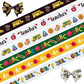 Hying 6 PCS Welcome Back to School Ribbons, 1" & 3/8" Width School Themed Grosgrain Ribbons Red Yellow Blue Ribbon School Bus Gnomes Craft Ribbons for Gift Wrapping DIY Teacher Appreciation Supplies in Kuwait