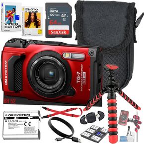 OM System Tough TG-7 Digital Camera (RED) مع بطاقة ذاكرة 64 جيجابايت + حالة كاميرا + قارئ بطاقة + TRIPOD + More (حزمة 10pc) (متجددة) in Saudi Arabia