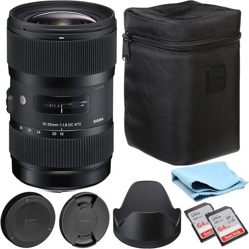 Sigma 18-35mm F1.8 for Canon Camera Bundle with Sigma 18-35 mm Canon Lens, Front and Rear Caps, Lens Hood, Lens Case, 2X 64GB SanDisk Memory Cards (7 Items) in Saudi Arabia