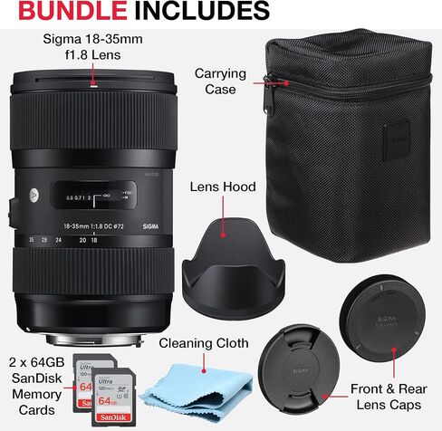 Sigma 18-35mm F1.8 for Canon Camera Bundle with Sigma 18-35 mm Canon Lens, Front and Rear Caps, Lens Hood, Lens Case, 2X 64GB SanDisk Memory Cards (7 Items) in Saudi Arabia