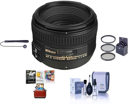 Nikon 50mm F/1.4g AF-S Nikkor Lens ، حزمة مع مجموعة مرشحات 58 ملم ProPtic ، مجموعة Cleaning Kit ، Tether Cap Cap ، Mac Software Kit in Kuwait