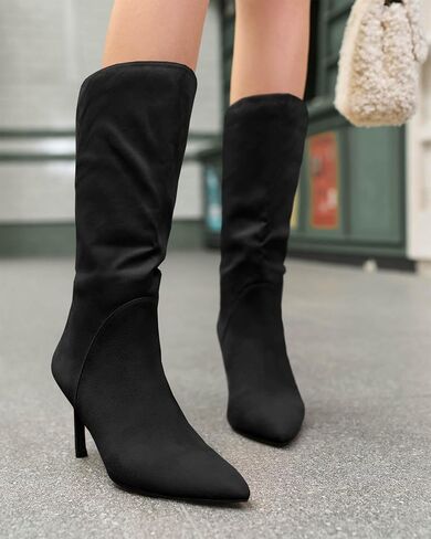 Coutgo Womens Mid Boots Boots Stiletto High Heel مدببة بأحذية إصبع القدم المسحوب على أحذية فستان الشتاء من جلد الغزال in Saudi Arabia