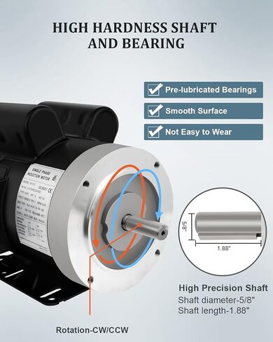 Electric Motor 1.5HP Single Phase Motor 1750RPM 56C 115/230V 5/8"Shaft Diameter CW/CCW TEFC IP55 60HZ in Kuwait