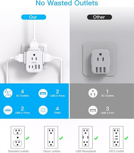 Multi Plug Outlet Extender, Power Strip Non Surge Protector Electric Outlet Splitter with 3 USB Wall Charger (1 USB C), Multiple Outlet Expander for Cruise, Dorm, Travel, Home, Office in Kuwait
