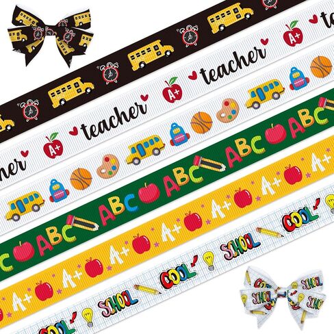 Hying 6 PCS Welcome Back to School Ribbons, 1" & 3/8" Width School Themed Grosgrain Ribbons Red Yellow Blue Ribbon School Bus Gnomes Craft Ribbons for Gift Wrapping DIY Teacher Appreciation Supplies in Kuwait