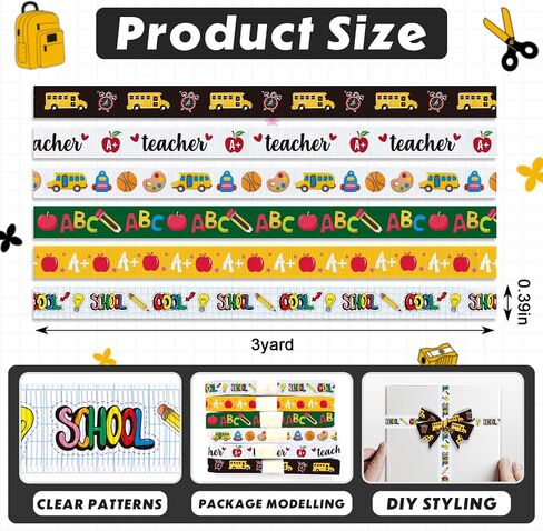 Hying 6 PCS Welcome Back to School Ribbons, 1" & 3/8" Width School Themed Grosgrain Ribbons Red Yellow Blue Ribbon School Bus Gnomes Craft Ribbons for Gift Wrapping DIY Teacher Appreciation Supplies in Kuwait