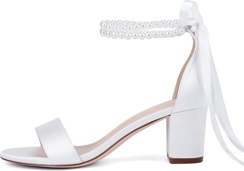 Isobud Women's Open Toe Pearl Wedding Shoes for Bride White Heels with Bow Bridal Shoes Chunky Block Satin Heels Sandals in Saudi Arabia
