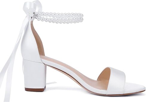 Isobud Women's Open Toe Pearl Wedding Shoes for Bride White Heels with Bow Bridal Shoes Chunky Block Satin Heels Sandals in Saudi Arabia