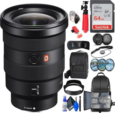 Sony Fe 16-35mm F/2.8 GM عدسة (SEL1635GM) + مجموعة مرشح + حقائب الظهر + 64 جيجابايت بطاقة + بطاقة قارئ + Flex Tripod + Memory Wallet + Lens Cap Keeper + Cleaning Kit + Hand Strap + المزيد (متجدد) in Saudi Arabia