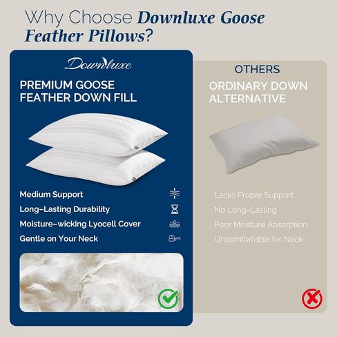وسادة من ريش الإوز من downluxe - مجموعة من وسادتين للسرير للنوم مع غطاء من الخيزران المبرد الفاخر، مقاس كوين (20 × 28) in Kuwait