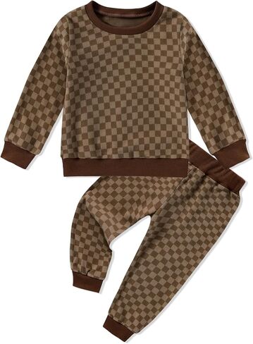 Toddler Boy Clothes Checkered Long Sleeve Sweatshirt + Pants 2Pcs Fall Winter Sweatsuit Set 1-6T in Saudi Arabia
