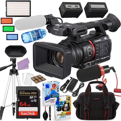 Panasonic AG-CX350 4K Camcorder Bundle + Accessory Package Including 64GB Extreme Pro Memory, LED Video Light, Microphone, Case & More (24 Items) in Saudi Arabia