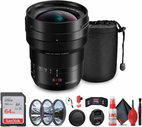 Panasonic Leica DG vario-elmarit 8-18mm f/2.8-4 Asph. حزمة العدسة (H-E08018) بما في ذلك: مجموعة المرشحات المكونة من 3 قطع ، قبعات عدسة ، حقيبة عدسة ، حارس كاب ، مجموعة تنظيف كاملة in Kuwait