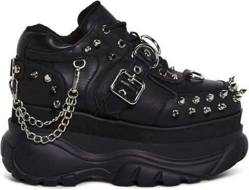 Dolls Kill Midnight Pit Platform Sneakers by Widow – Black Vegan Leather Shoes with Spikes, Chains, and Chunky Sole in Saudi Arabia