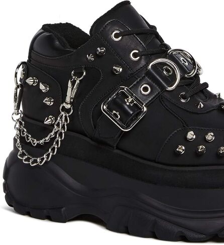 Dolls Kill Midnight Pit Platform Sneakers by Widow – Black Vegan Leather Shoes with Spikes, Chains, and Chunky Sole in Saudi Arabia