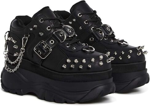 Dolls Kill Midnight Pit Platform Sneakers by Widow – Black Vegan Leather Shoes with Spikes, Chains, and Chunky Sole in Saudi Arabia