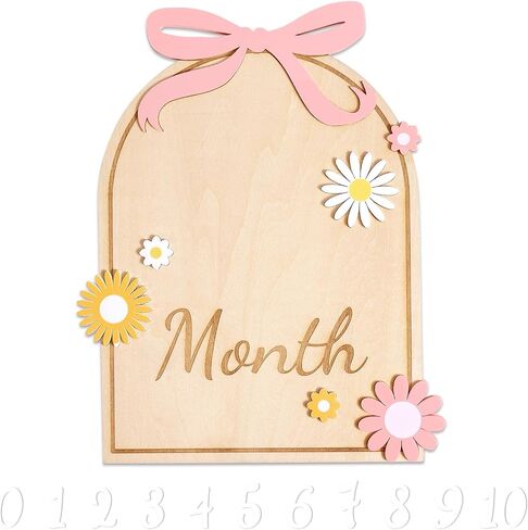 Baby Monthly Milestone Card ، Bow & Flower Wooden Baby Discor مع 11 رقمًا لطيفًا لعلامات المعالم المولودة حديثي الولادة. in Saudi Arabia